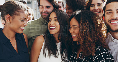 Buy stock photo Friends, laughing and business people hug in office together for love, support and team building. Smile, happy and group of employees in company workplace for bonding, diversity and collaboration
