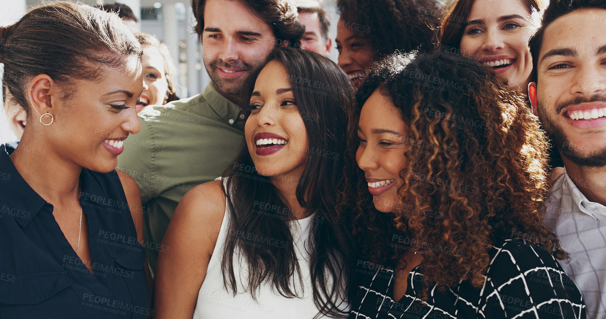 Buy stock photo Friends, laughing and business people hug in office together for love, support and team building. Smile, happy and group of employees in company workplace for bonding, diversity and collaboration