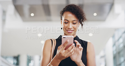 Buy stock photo Airport, phone and smile with business woman travel in terminal for international flight schedule. Agenda, app and planning with passenger at arrival or departure gate for journey or transportation