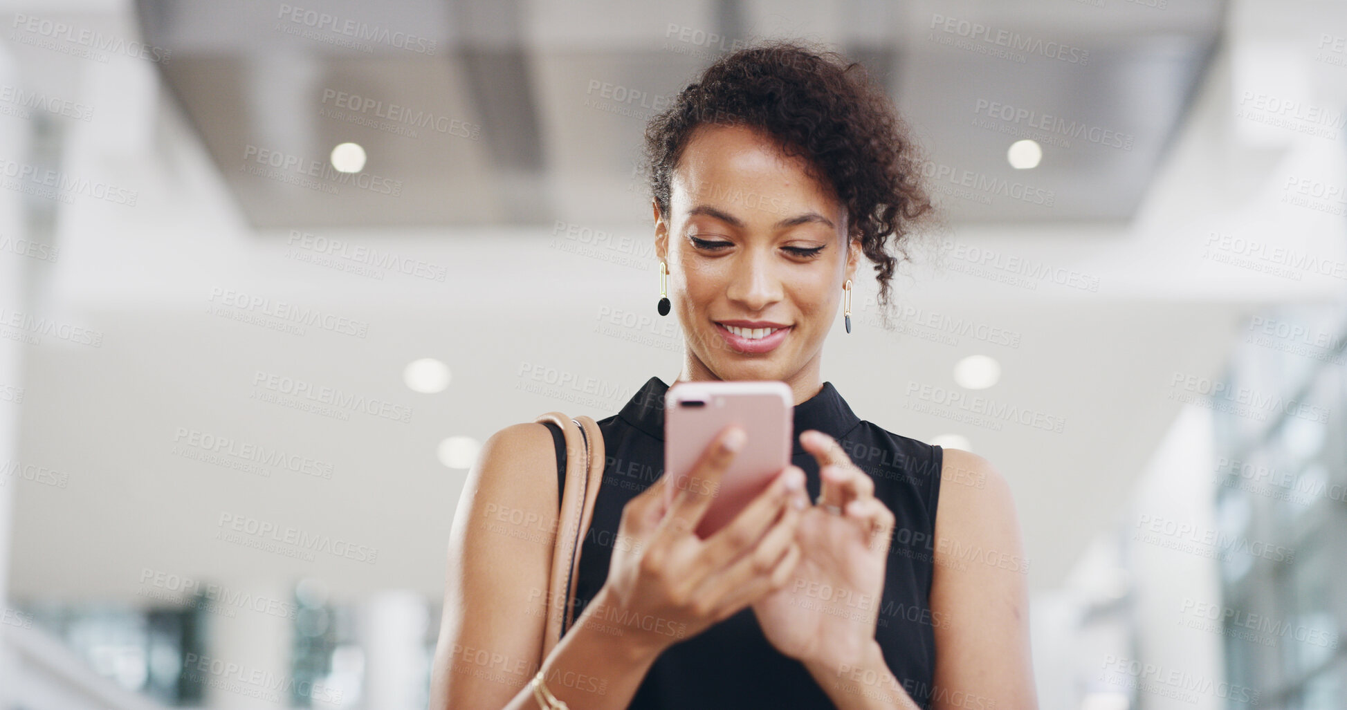 Buy stock photo Airport, phone and smile with business woman travel in terminal for international flight schedule. Agenda, app and planning with passenger at arrival or departure gate for journey or transportation