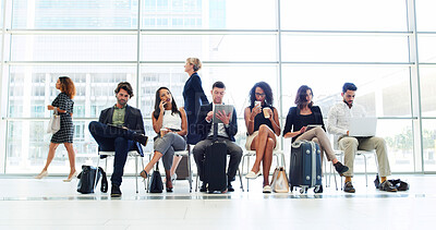 Buy stock photo Business, people and waiting line at airport of travel delay, corporate trip and international flight. Staff, row and process with luggage of boarding schedule, online booking and ticket application