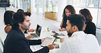 Team, business people and planning on tablet, meeting or financial bookkeeping. Technology, brainstorming ideas and collaboration in office with journalist accountant for budget, sales report or news