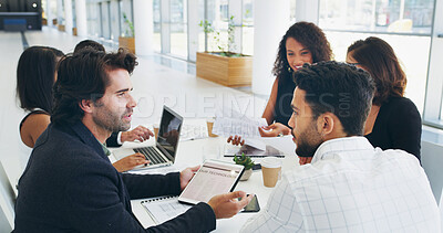 Buy stock photo Team, business people and planning on tablet, meeting or financial bookkeeping. Technology, brainstorming ideas and collaboration in office with journalist accountant for budget, sales report or news