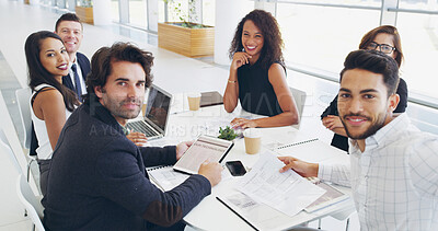 Buy stock photo Group, smile and portrait of business people in meeting for financial bookkeeping. Technology, coworking and collaboration with team in office with accountant journalist for budget, sales or news