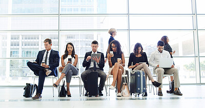 Buy stock photo Corporate, people and waiting line at airport with travel delay, business trip and international flight. Staff, row and process with luggage for boarding schedule, online booking and time management