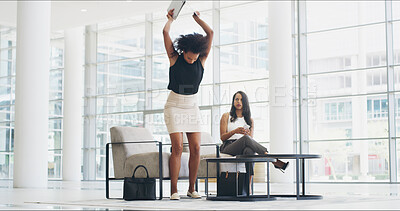 Buy stock photo Upset, woman and breaking laptop in office, stress and employee with anger for poor management or rage. Unhappy, people and worker with damage of tech, chaos and mad for toxic workplace and corporate