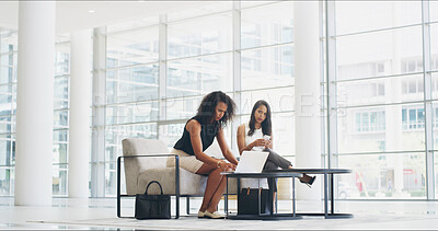 Buy stock photo Laptop, meeting and conference with business people in lobby for seminar, keynote speaker schedule and search. Convention, corporate and planning with women in waiting room for company event