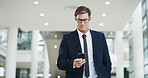 Airport, phone and travel with business man in terminal for communication or international flight. App, communication and planning with mature passenger at arrival or departure gate for transport