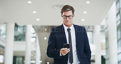 Buy stock photo Airport, phone and travel with business man in terminal for communication or international flight. App, planning and text message with mature passenger at arrival or departure gate for transport