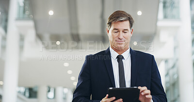 Buy stock photo Business, tablet and travel with mature man in airport to read international flight schedule. Check in, planning and walking with passenger at arrival or departure gate for journey or transport