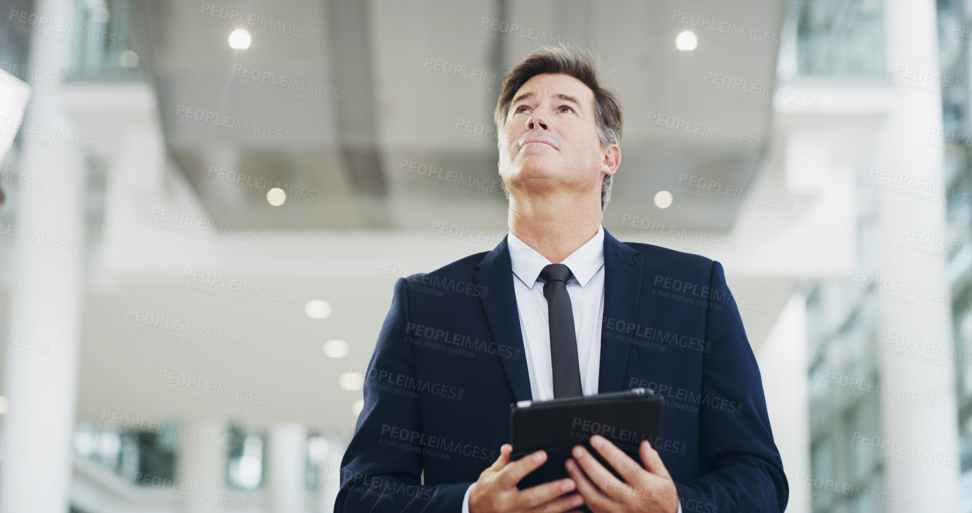 Buy stock photo Business, tablet thinking with mature man in airport for international flight. Idea, planning and travel with corporate passenger at arrival or departure gate for global journey or transportation