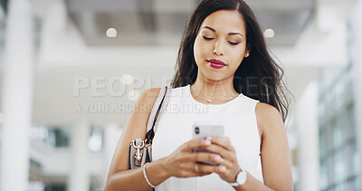 Buy stock photo Airport, check in and phone with business woman in terminal for international flight. App, social media and text message with passenger walking to arrival or departure gate for journey or transport