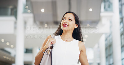 Buy stock photo Airport, smile and thinking with business woman walking in terminal for international flight. Future, idea and planning with happy passenger at arrival or departure gate for journey or travel