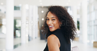 Buy stock photo Smile, portrait and walking with business woman for confidence, creative journalist and pride. Magazine editor, happiness and opportunity with person from Brazil in startup agency for career
