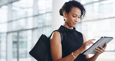 Buy stock photo Airport, tablet and travel with business woman walking in terminal for international flight. Online check in, planning and schedule with passenger in departure gate or lobby for journey or transport