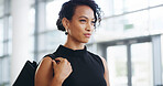 Airport, determination and travel with business woman walking in terminal for international flight. Ambition, confident and ready with passenger at arrival or departure gate for journey or transport