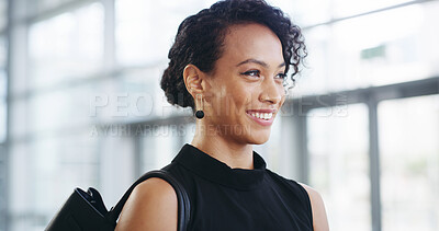 Buy stock photo Airport, thinking and travel with business woman walking in terminal for international flight. Future, idea and vision with passenger at arrival or departure gate for journey or transportation