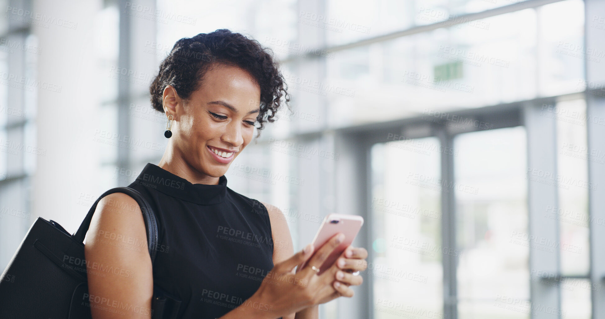 Buy stock photo Airport, phone and travel with business woman walking in terminal for international flight. App, online check in and social media with happy passenger at arrival or departure gate for transportation