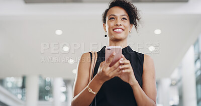 Buy stock photo Airport, phone and thinking with business woman walking in terminal for international flight. Communication, idea and planning with passenger at arrival or departure gate for journey or transport