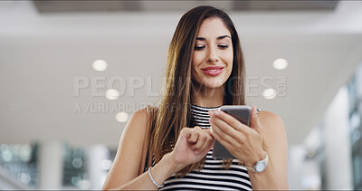Buy stock photo Airport, phone and travel with business woman in lobby or terminal for international flight. App, social media and walking with passenger at arrival or departure gate for journey or transportation