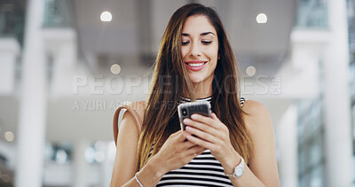 Buy stock photo Airport, phone and and smile with business woman in lobby or terminal for international flight. App, check in and schedule with happy passenger at arrival or departure gate for journey or transport