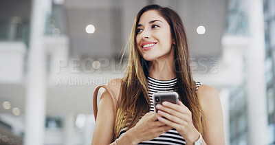 Buy stock photo Business, thinking and phone with happy woman in airport terminal for international flight. Future, idea and planning with smile of passenger at departure gate for journey, transport or travel