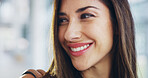 Smile, woman and thinking with luggage at airport for travel, international flight and vacation ideas. Happy, female person and planning for immigration, holiday trip and reflection memory of getaway