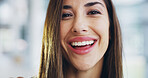 Smile, woman and portrait for travel at airport for tourism, international flight and vacation departure. Happy, female person and immigration journey, holiday trip and funny joke for global getaway 