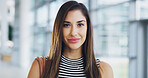 Business, portrait and woman with smile, office or property development opportunity. Realtor, consultant or face of businesswoman in real estate, account management or confident professional in lobby