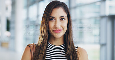Buy stock photo Business, portrait and woman with smile, office or property development opportunity. Realtor, consultant or face of businesswoman in real estate, account management or confident professional in lobby