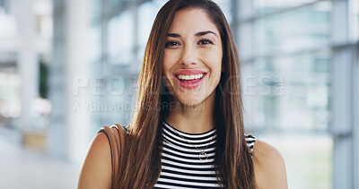Buy stock photo Business, portrait and woman with smile, office or career recruitment opportunity in HR. About us, consultant or face of businesswoman in human resources, job management or confident professional