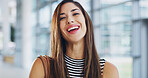 Laughing, business and woman with confidence for portrait as secretary, natural beauty and cosmetic results. Happy person, face and smile for skincare, facial transformation and professional career