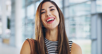 Buy stock photo Laughing, business and woman with confidence for portrait as secretary, corporate worker or administrator. Happy person, face and smile for career growth, skill development and professional ambition