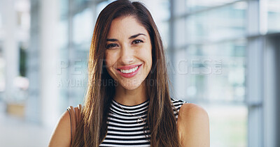 Buy stock photo Confident, portrait and woman with smile, office or career recruitment opportunity in HR. About us, consultant or face of businesswoman in human resources, job management or professional in business