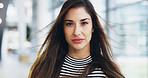 Serious, business and woman with confidence for portrait as secretary, natural beauty and cosmetic results. Female person, face or worker with hair care, facial transformation and professional career