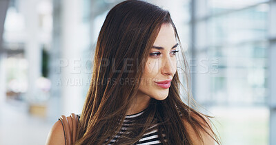 Buy stock photo Airport, planning and travel with business woman thinking in terminal for international flight. Future, idea and vision with passenger at arrival or departure gate for journey or transportation
