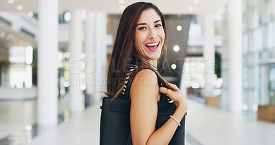 Buy stock photo Portrait, sales and woman in mall, smile and consumer with purchase, happiness and retail therapy. Customer, person and girl with designer product, excited and shopping with discount deal and joy