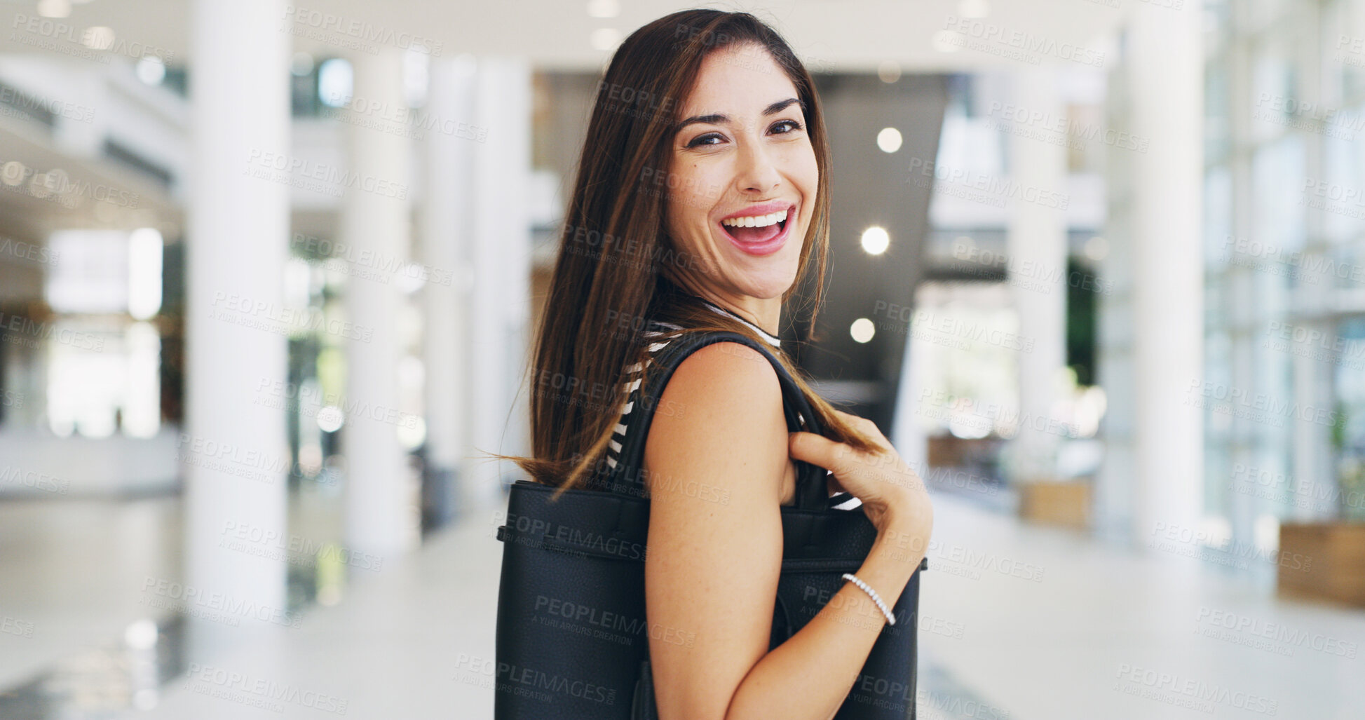 Buy stock photo Portrait, sales and woman in mall, smile and consumer with purchase, happiness and retail therapy. Customer, person and girl with designer product, excited and shopping with discount deal and joy