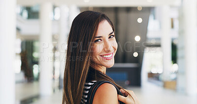 Buy stock photo Portrait, shopping and woman in mall, smile and consumer with purchase, discount deal and joy. Customer, person and girl with designer product, excited and sales with retail therapy and luxury items
