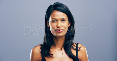 Buy stock photo Happy, smile and portrait of woman in studio for wellness, confidence and natural beauty. Mockup space, salon and isolated person with pride for cosmetics, hair care and texture on gray background