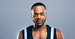 Black man, portrait and beard with fashion in studio of handsome nigerian on a gray background. Face, male person or African model with clothing style, muscle or no facial expression on mockup space