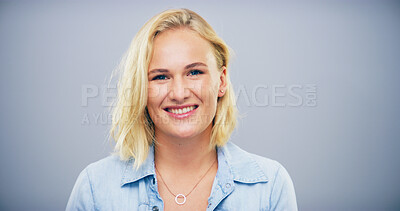Buy stock photo Portrait, happy and creative woman in studio of career ambition, about us and journalist pride. Female person, confident and internship agency of reporting news, story publication and gray background