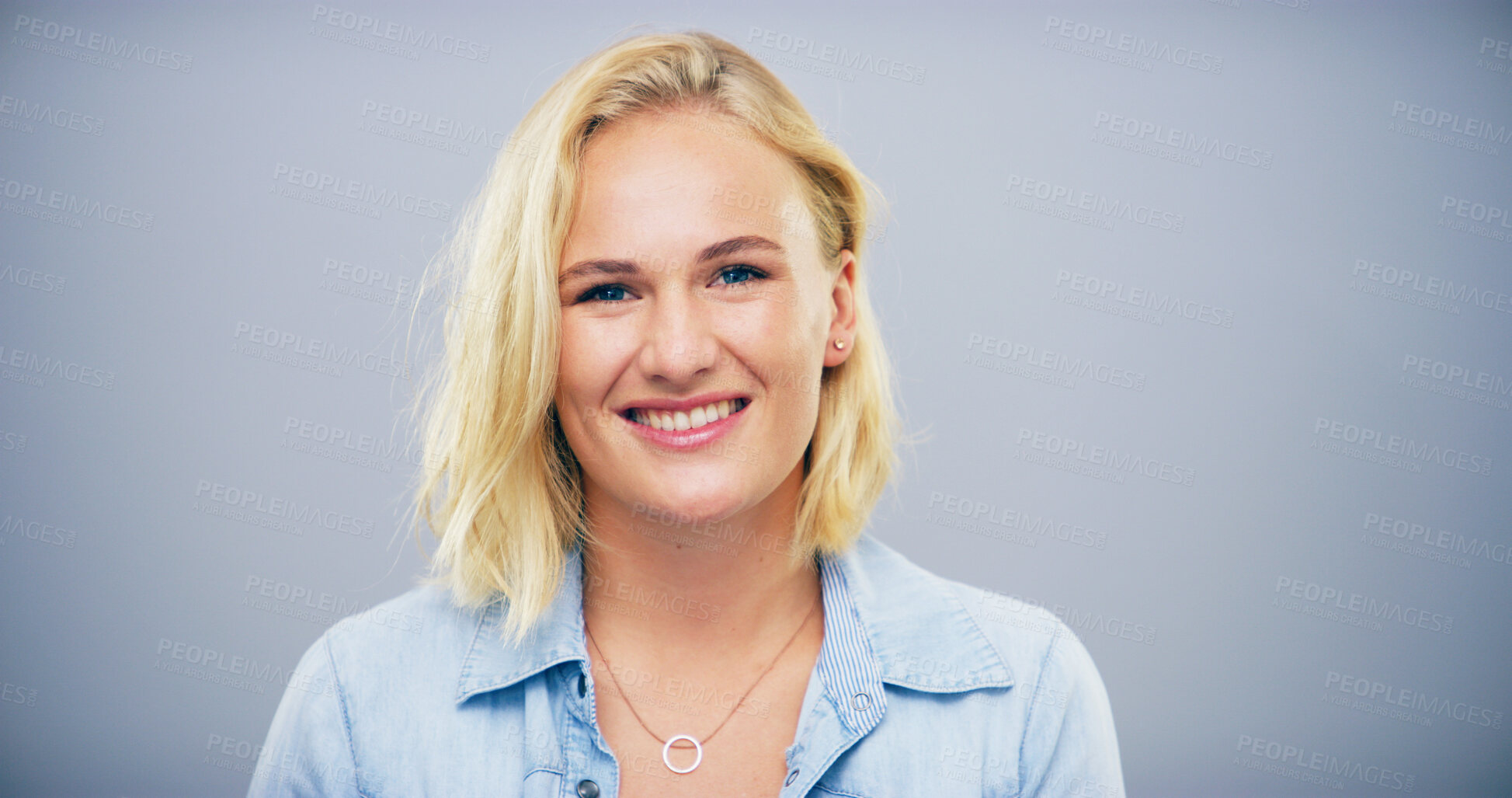 Buy stock photo Portrait, happy and creative woman in studio of career ambition, about us and journalist pride. Female person, confident and internship agency of reporting news, story publication and gray background