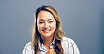 Business, portrait and space with woman secretary in studio for professional assistance of company. Agency, happy and mockup with assistant or receptionist on gray background for office management