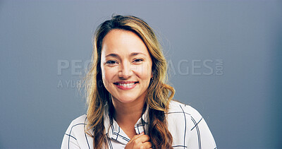 Buy stock photo Business, portrait and space with woman secretary in studio for professional assistance of company. Agency, happy and mockup with assistant or receptionist on gray background for office management