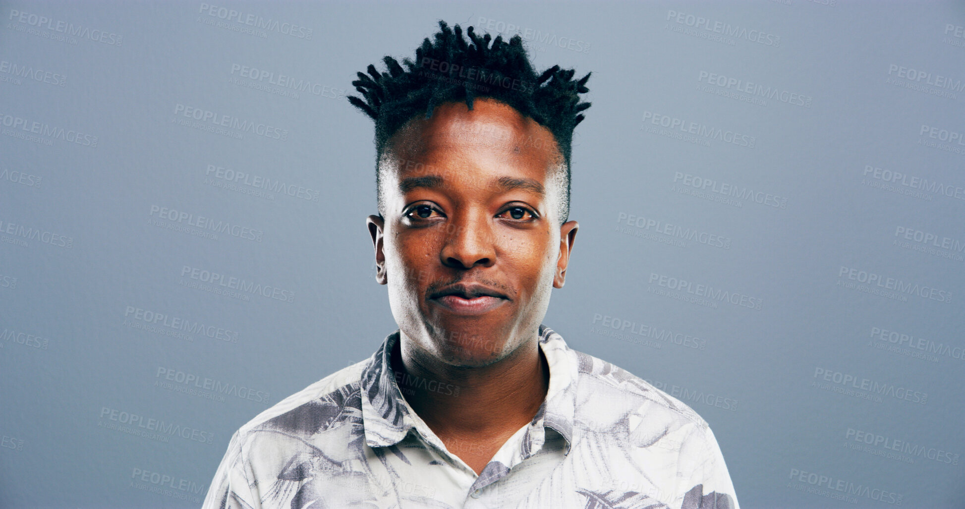 Buy stock photo Fashion, studio and portrait of man, smile and stylish outfit for model, mockup and trendy for guy. Blue background, university student and black person with pride for clothes, space or cool in Kenya