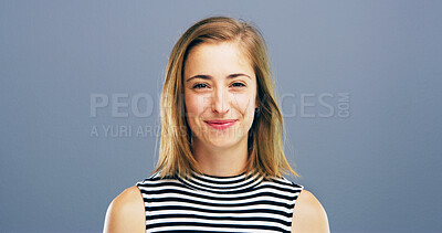 Buy stock photo Professional, happy and portrait of woman in studio for staff ID, company card and about us. Business, mockup space and face of isolated person for career, job or employee profile on blue background