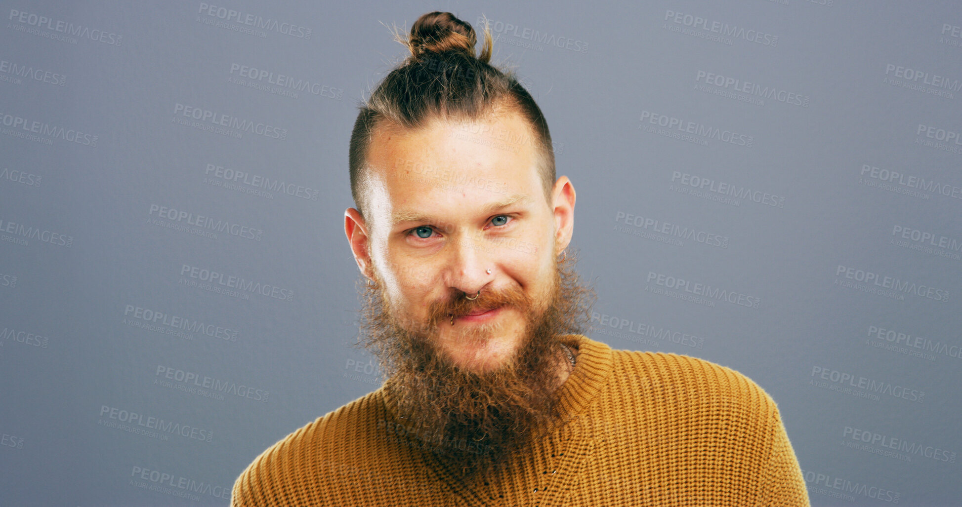 Buy stock photo Creative, portrait and man with smile, studio and positive mindset for career growth, professional and business. Gray background, mockup space and writer person with freelancer, happy and confidence