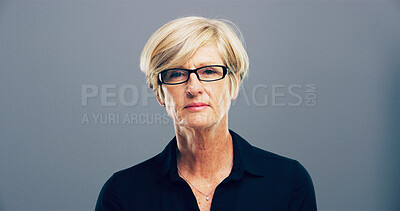 Buy stock photo Worker, professional and portrait of mature woman in studio for staff ID, company card and about us. Business, manager and face of person for career, job and employee profile on blue background space
