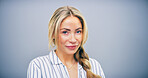 Business, portrait and space with woman secretary in studio for professional assistance of company. Agency, confident and mockup with assistant or secretary on gray background for office management